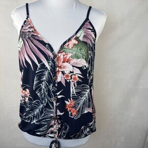 Lavish Women Sz M Navy Floral Crop Top Sleeveless Adjustable Spaghetti Straps